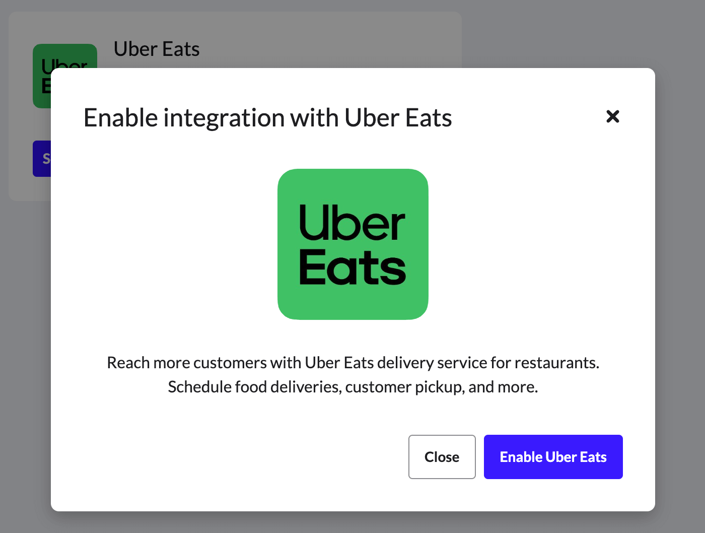 Uber Eats enable integration popup window